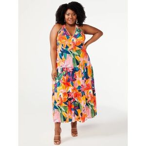 Sofia Vergara Plus Size Plunge Halter Neck Maxi Dress in Jungle Floral Print